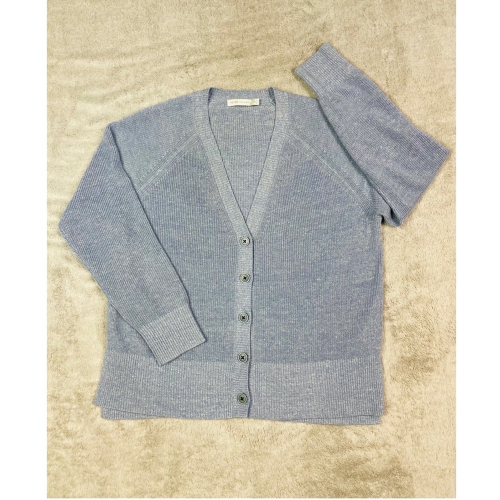 Peter Millar Women Medium Cardigan Sweater Merino Wool Linen Light Blue Heather